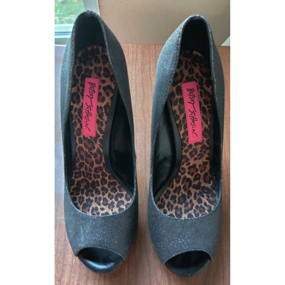 Betsey Johnson Open-Toe Pumps‎ Black Glitter Size 6.5 **See Pics**